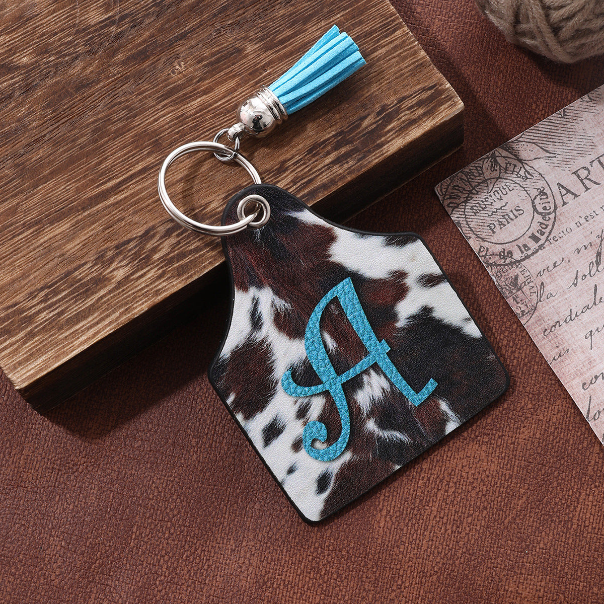 Wholesale Leather Western Cow Pattern Animal Fur Letter Printing Leather Oil Edge Keychain